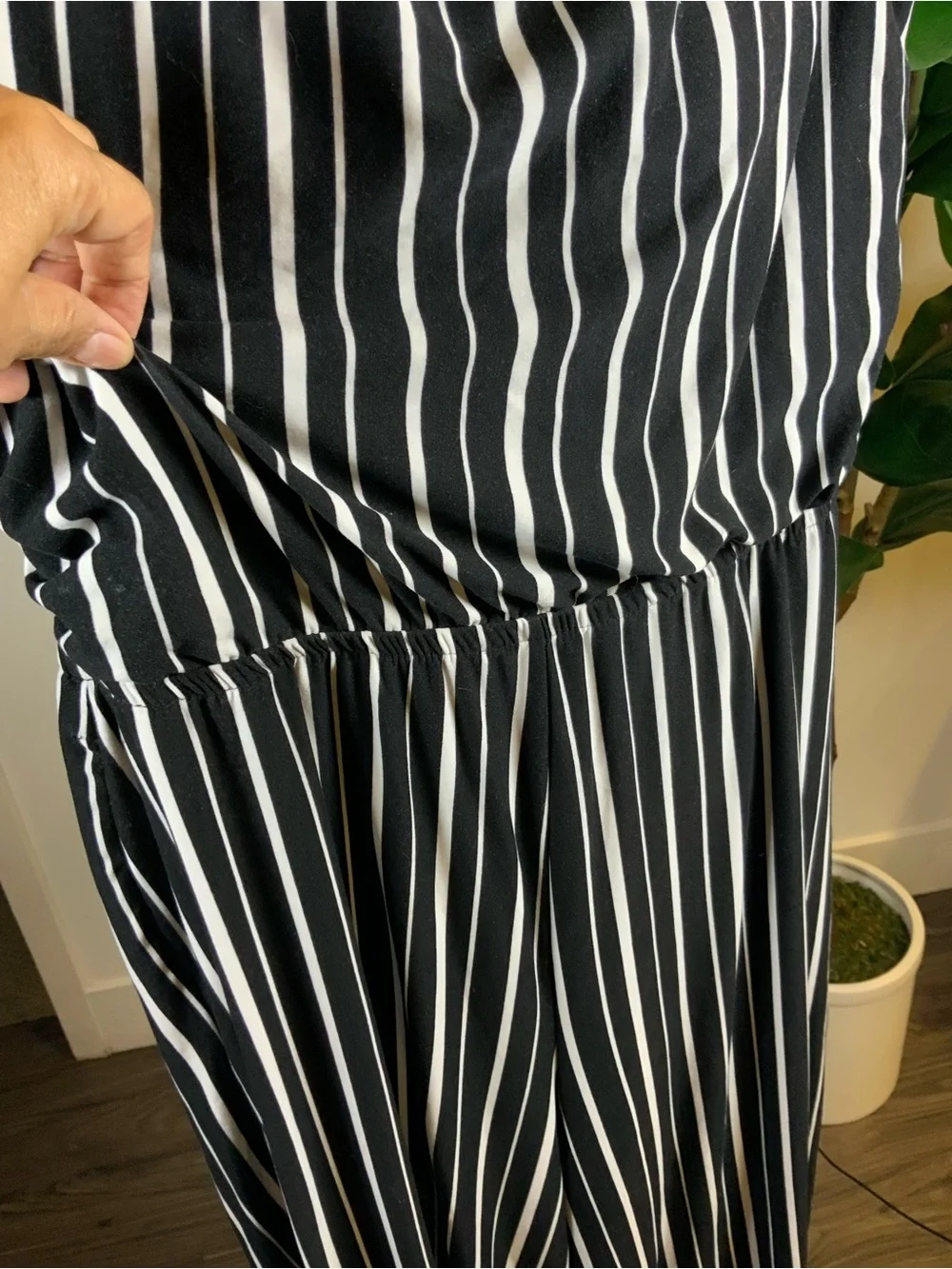Discreet Black and White Vertical Stripe Strapless Jumpsuit
